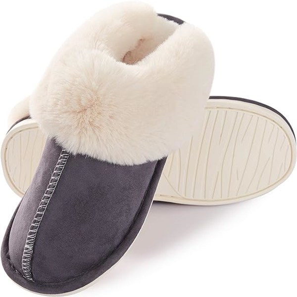 Damtofflor, Memory Foam fluffiga, varma och varma, halkfria plysch bekväma inomhustofflor utomhus (mörkgrå, stor)