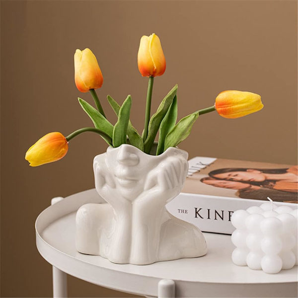 Vit Keramisk Vas Ansikte Kvinna Huvud Halv Kropp Byst Bohemisk Feministisk Minimalistisk Dekorativ Modern Nordisk Stil Blomvas för Hem Vardagsrum Kontor