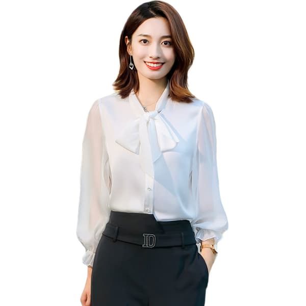 High-end Bow Chiffon Skjorte Kvinder (Hvid, M)