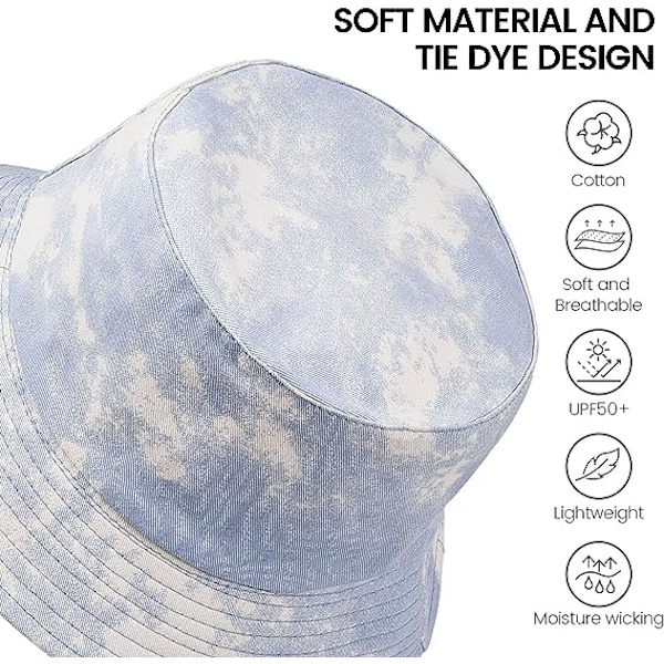 Tie Dye Bucket Hat Vändbar utomhus strandsolhatt för kvinnor, ljusblå