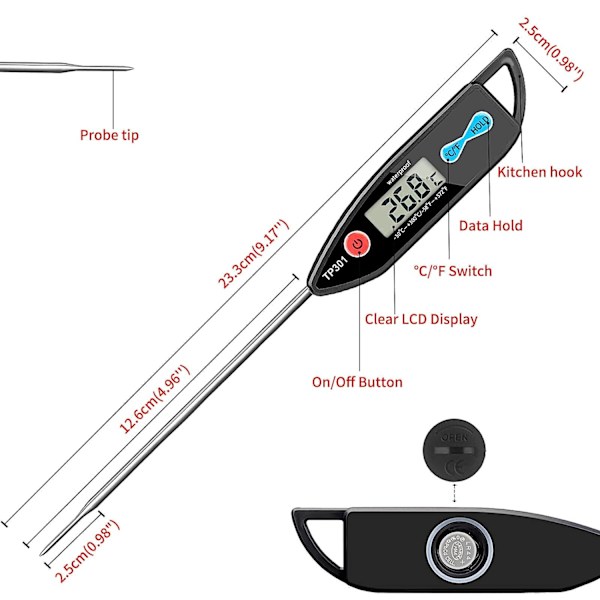 Køkkentermometer Madlavningstermometer Øjeblikkelig Aflæsning LCD-Display Automatisk Sluk Vandtæt Lang Probe til BBQ Sødt Vand Grill BBQ Køkken Mælk