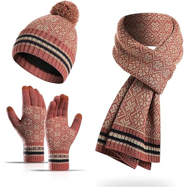 Pekskärmshandskar Set med Pompom Snowflake Print Hat och Scarf för kvinnor