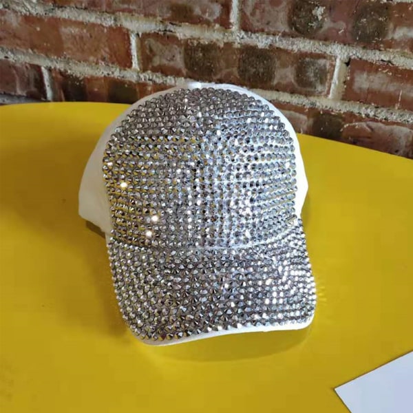 Dam Rhinestone Paljetter Cap Glittrande Glitter Bling Snapback Hat，Vit silver
