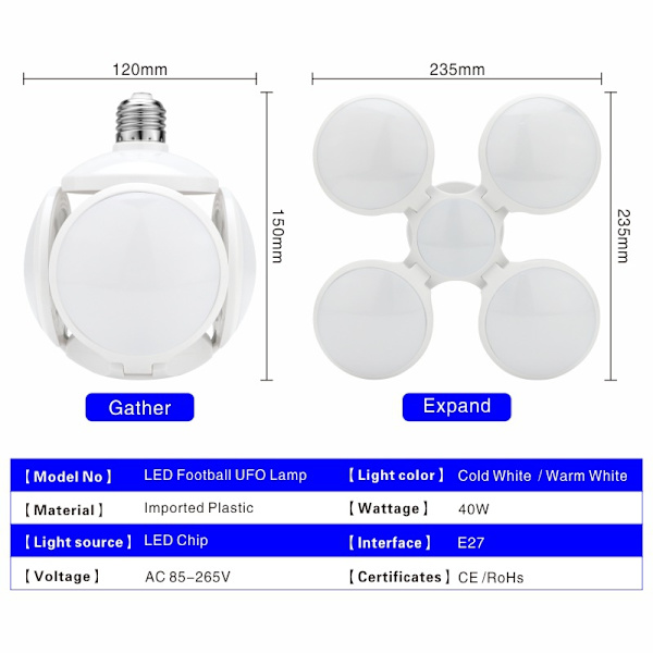 1st Kallvit 40W E27 LED Fotbollsljus Deformerbar Lampa Ingen Strobe Ingen flimmer Vikbar Glödlampa Kall Vit För Hem Inomhus Lager Garage