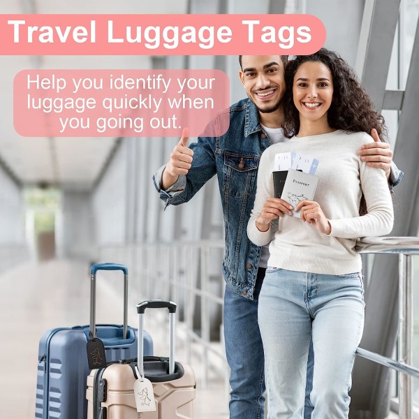 Bagagelapp och passfodral, 2xPU-läder resväskaetikett, 2xResepasshållare, Bagagelappar för att förhindra borttappade väskor och resväskor (rosa+vit)