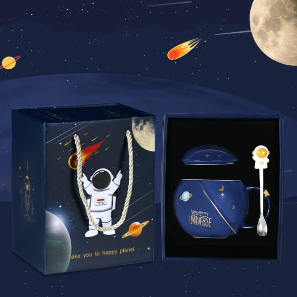 Søde Astronaut Krus med Låg, Nyt Keramisk Kaffekrus, Morgen Ember Svampe Mælk, Marineblå Tekop 400ml/15oz