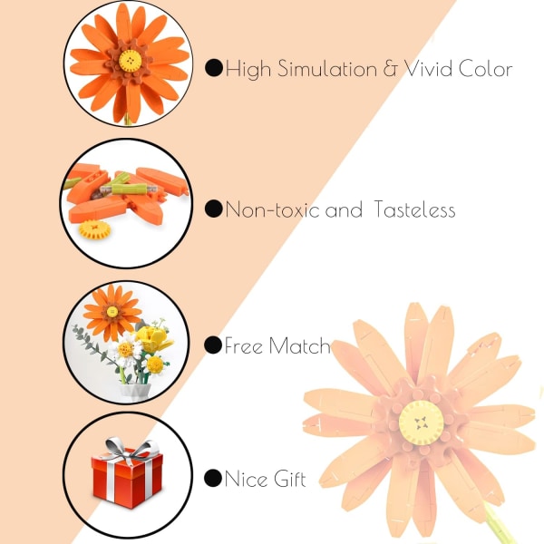 Flower Building Block Kit, Creative DIY Flowers Botanical Collection Byggstensleksak för vuxna Jul Alla hjärtans heminredningskontor Barberton daisy (Orange)