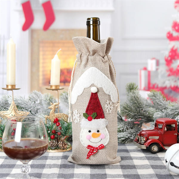 3 Juledekorasjoner Lin Vinflaske Trekk Vinflaske Pose Santa Snømann Elg Vinpose 30 x 14cm