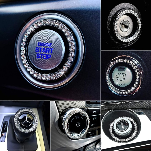 Crystal Rhinestone Car Bling Ring Emblem Sticker, Bling Biltillbehör för kvinnor, Tryck för att starta-knapp, Nyckeltändning Starter & Knob Ring, Interiör Gl