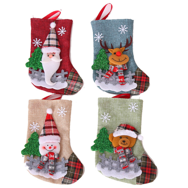 4 stycken juldekorationer jultomten strumpor gingham docka säckväv strumpor Julgran hängande prydnader julklappspåsar