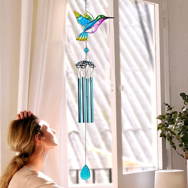 Hummingbird Wind Chime, Utomhus-/Inomhusdekor Wind Chime, Glasfärg Mobil Romantisk Wind Chime, Uteplats, Balkong, Trädgårdsdekoration, Realistisk Hummingbird D
