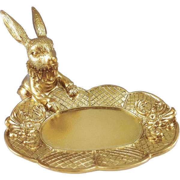 Liten Gullkanin Figur Smykke Ring Brett Dekorativ Påskehare Statue Søt Ornament Smykkeholder for Nattbord Hjemmeinnredning (Sittende Kanin)