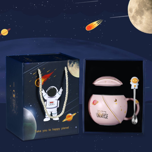 Keramiske kaffekrus med lokk, astronaut rustfritt stål skje, Morning Ember soppkrus og melkekopp for kvinner eller menn rosa 400ml/15oz