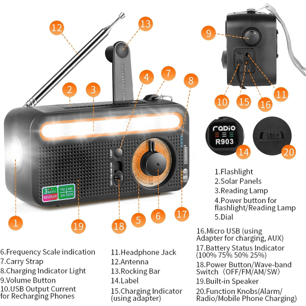 Solar Crank Radio Bärbar Uppladdningsbar Radio med AM/FM/SW Inbyggt 2000mAh uppladdningsbart batteri SOS Alarm LED Ficklampa Lampa, Svart