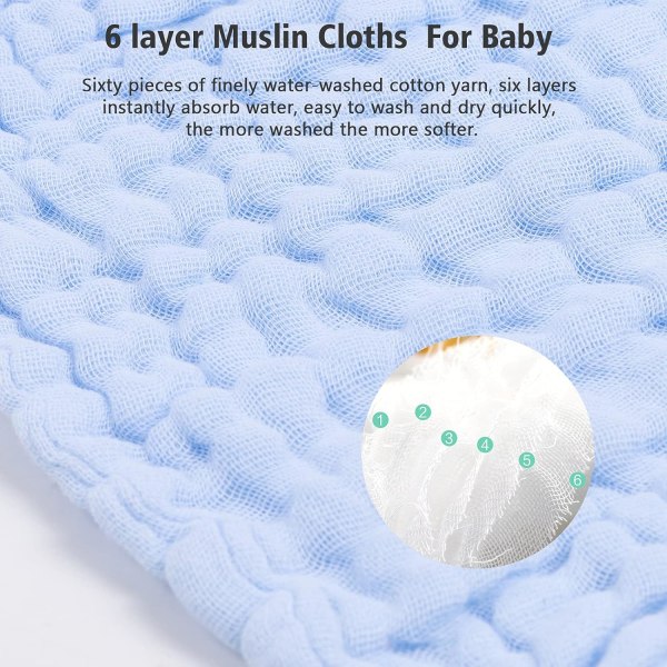 10 ST Baby Muslin tvättlappar, 100 % organisk bomull, återanvändbara baby ansiktshanddukar, 28 x 28 cm Extra mjuka tvättbara tvättlappar för nyfödd hud (blå)