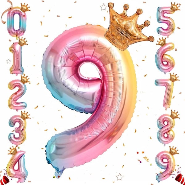 Heliumfolienummerballong, 32 tums regnbågsgradientnummerballonger med krona för födelsedag, födelsedagsfestdekorationer (#9)