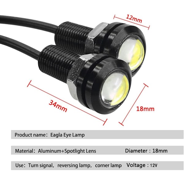 10 st (12V, vit) 18mm Eagle Eye LED-ljus 9W DRL Körljus Backup Backup Parkeringssignal Bilar Lampor