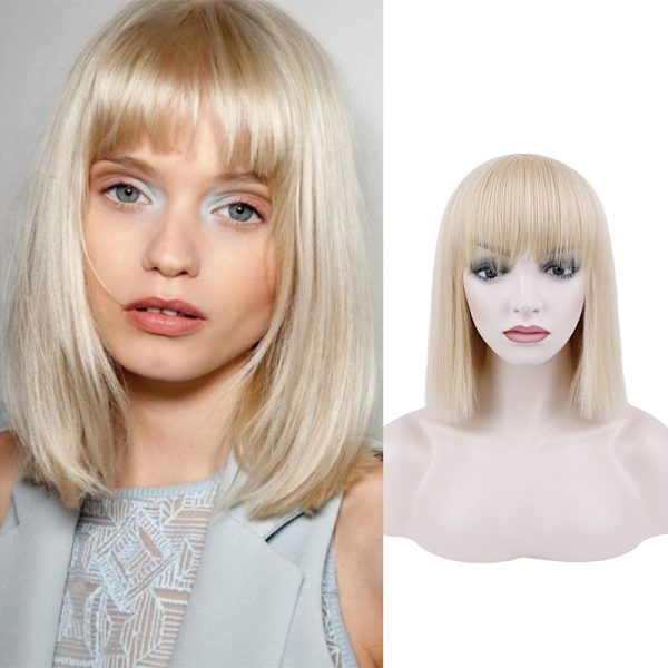 Blond Parykk med Pannelugg, Kort Blond Bob Parykk for Kvinner, 12 Tommers Rett Hår Parykker for Jenter Varmebestandig Syntetisk Cosplay Fest Parykker