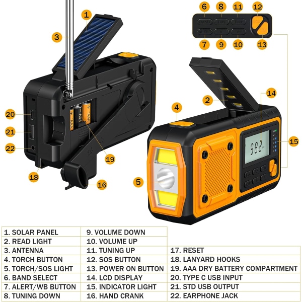 Handvev Solar Radio Handhållen Nödradio Uppladdningsbar power 4000mAh Handvev FM/AM/WB Radio Vädervarning Inbyggt SOS-larm