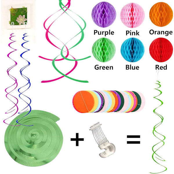 Grattis på födelsedagen banner med färgglad pappersflagga Bunting Papper Circle Konfetti Garland Swirl Streamers Honeycomb Ball för födelsedagsfest