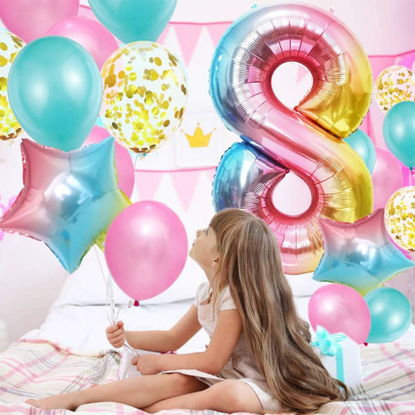 8-årig flickafödelsedagsballong, 8-årsdag, rosa ballong nummer 8, födelsedagsdekoration, grattisballong, 8-årig flickfödelsedagsfestdekorat