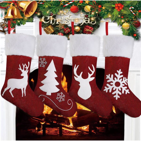 4-pack julstrumpor, stor julstrumpa säck present till flicka och pojke Jätte lager jullov säck för familjen öppen spis Hängande Santa Reind