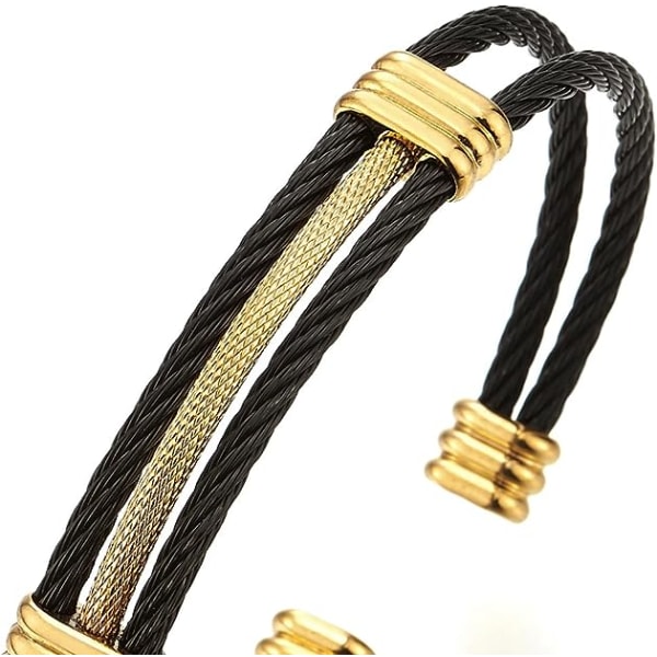 Armband i rostfritt stål för män kvinnor - justerbart armband med vridna kabel - svart och guld