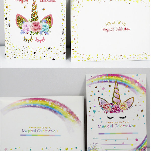 24 Unicorn Födelsedag Inbjudningskort stämplade Rainbow Star Kuvert Set (Kort 1)