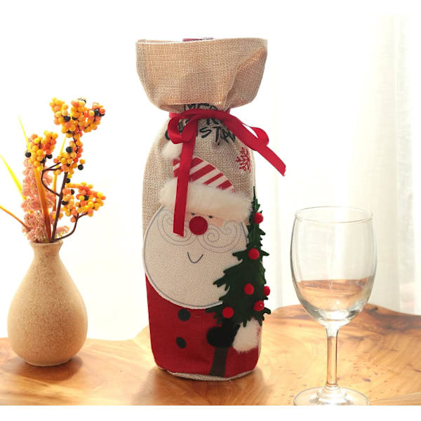 Julevinpose, Jute Vinflaske Gavepose med Snøring, Gjenbrukbare Vinflaske Trekk til Jul, Bryllup, Bursdag, Festdekor (2 stk)
