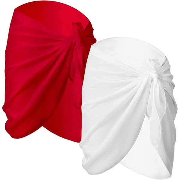 2 kpl Sarong-peittoja naisille, uimapuvun kääre, uimapuku-hame, rantabikinipeitto, uima-asu, sifonki (valkoinen ja punainen)