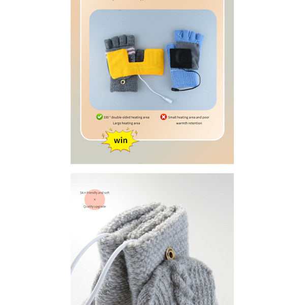 Unisex USB-oppvarmede hansker Vinter Håndvarmer, Bærbare hansker, Fullt oppvarmede og halvvarme, Oppvarmede strikkede håndvarmere (Bønne)