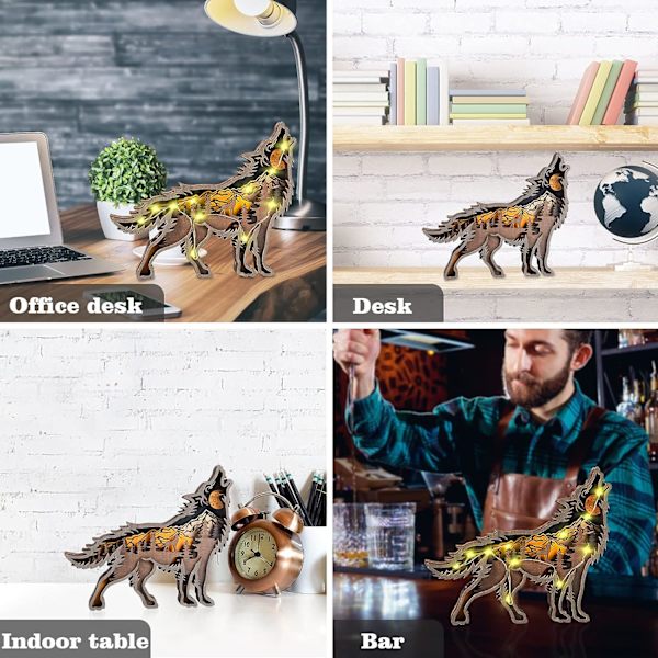 Trepynt med dyr, trehåndverk med 3D-skogdyrdekorasjon, 3D-trefigur med LED-lys, retro treskulptur for hjemmekontor Gi