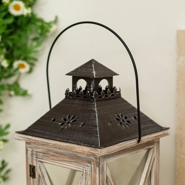 Ljuslykta i trä - 28 cm dekorativ lykta Vintage ljusstake Shabby Chic Dekoration Utomhus Inomhusbord Hemma Trädgård Jul, Ecru