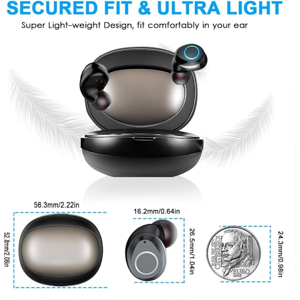 Bluetooth 5.1 -kuulokkeet, 3D Hi-Fi Stereo langattomat kuulokkeet IPX7 vedenpitävät, Bluetooth-kuulokemikrofoni mini-pikalatauskotelolla ja mikrofonilla, superkevyet,