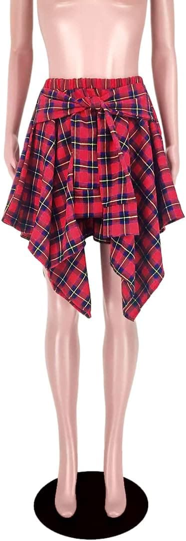 Rutig damkjol med hög elastisk midja Sommar Casual Asymmetrisk fåll snörningskjol (stor röd, M)
