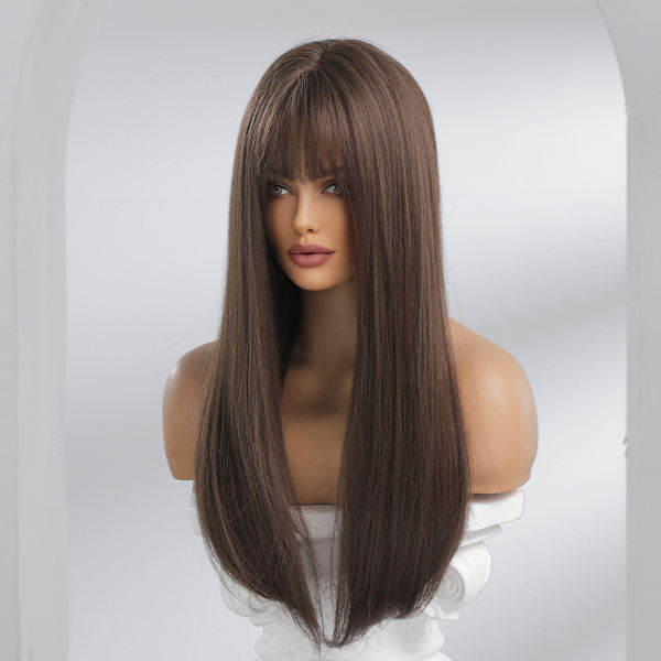 Qi Bangs Naturlig Brun Fluffig Asiatisk Långt rakt hår Mode Peruk Kemisk Fiber Full Head Set WIGs 60cm