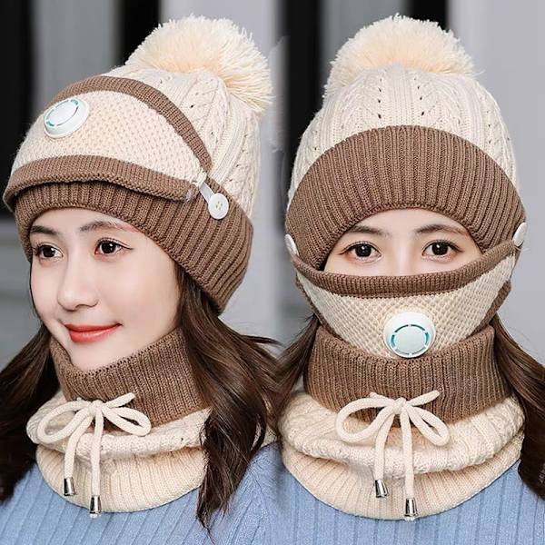 Vintermode Ridhatt Öronskydd Ullhattmask Slipsar Koreanskt mode stickning Varm tredelad set (beige)