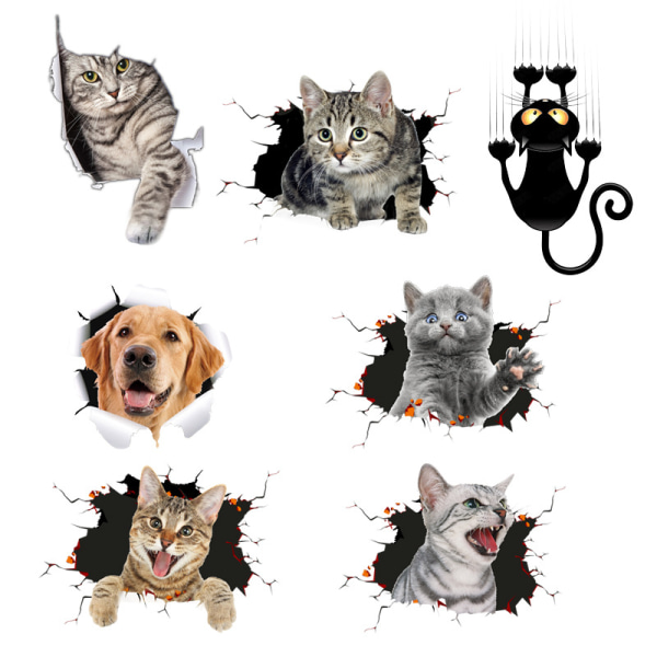 7 stycken 7 stilar 3D-simulering Söt kattpersonlighet Kreativ bilklistermärke Hundglas Bilklistermärken Dörrrepor Cover
