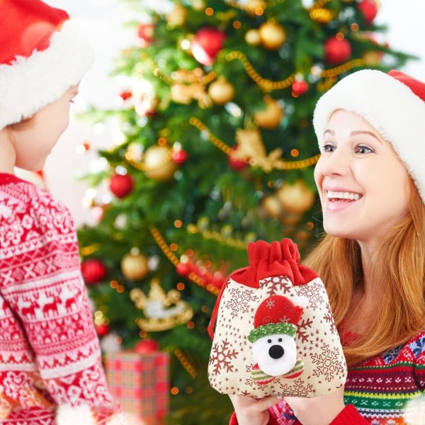 Julesekk 3D Design Stoffpose med Snøring, Julegavepose med Snøring Julegodtepose, Godtepose Julelinsekk Jute