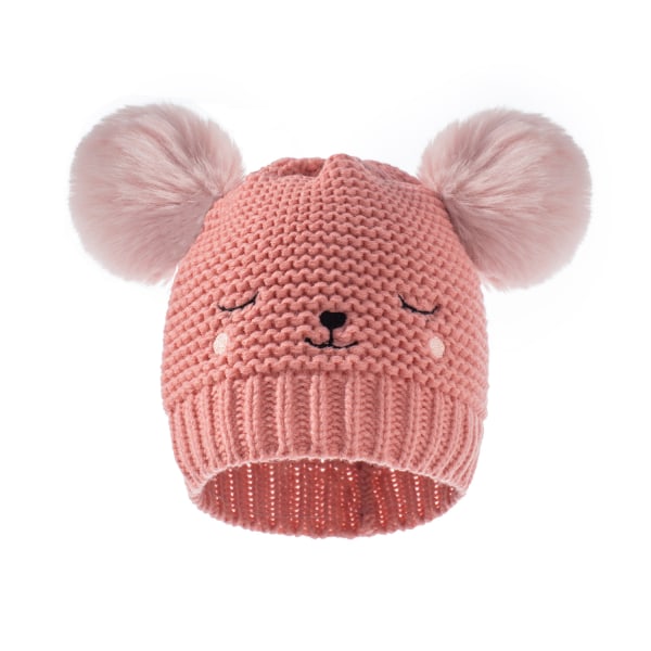 Barns broderad stickad mössa höst och vinter baby solid dubbel boll cap (rosa)