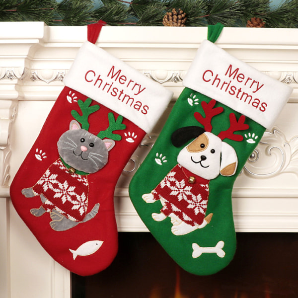 2 julstrumpor söta katter och hundar tecknad serie julstrumpor presentpåsar juldekorativa strumpor julgranshänge 37*23cm