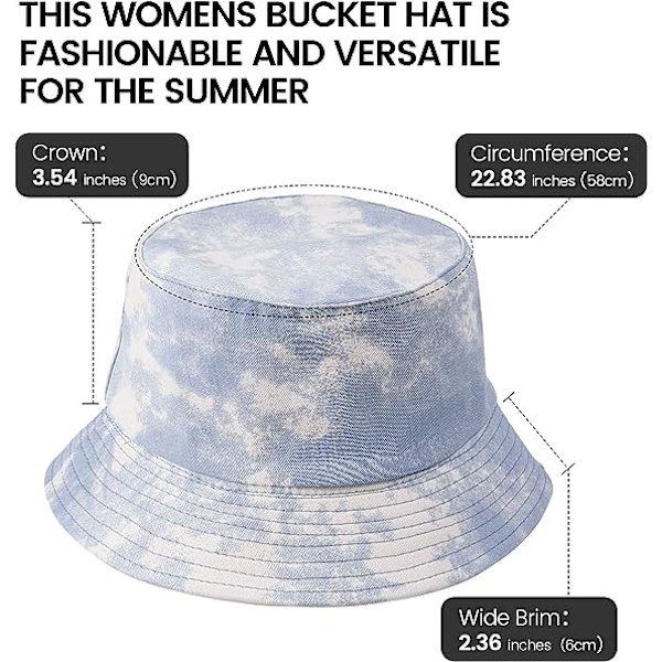 Tie Dye Bucket Hat Vändbar utomhus strandsolhatt för kvinnor, ljusblå