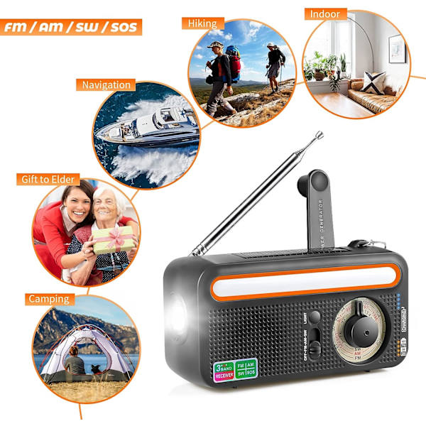 Solar Crank Radio Bärbar Uppladdningsbar Radio med AM/FM/SW Inbyggt 2000mAh uppladdningsbart batteri SOS Alarm LED Ficklampa Lampa, Svart