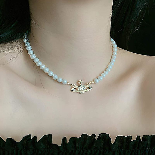 Hänge, high-end känsla, retrostil, pärl temperament, elegant blinkande diamant planet hänge halsband