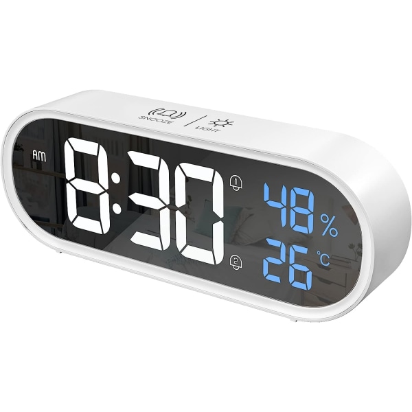 Spegel digital väckarklocka, LED digital klocka, stor display för tid/temperatur/fuktighet, 40 ringsignaler, USB laddning, vit väckarklocka