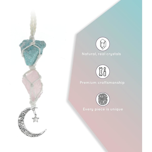 Hängande bilberlock - Amazonit & Rosenkvarts - Dangling Moon & Healing Crystal Accessories, Backspegeldekorationer - Självkärlek, Ärlighet, Klarhet,