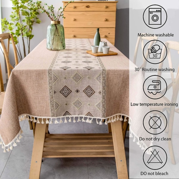 Rektangulär bordsduk i linne och bomull, fyrkantig söm med tofsar, tvättbara bordsdukar för köksbord (140x140cm)C