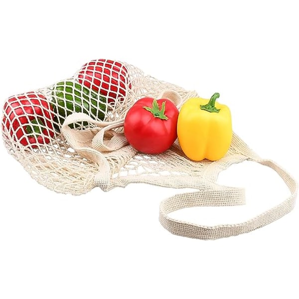 [2-pakning] Premium nettinghandlenett, gjenbrukbare frukt- og grønnsaksposer, lange håndtak, 100 % bomullsnettposer, frukt- og grønnsaksposer, beige (Portab