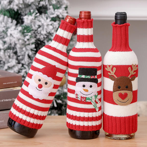 3 stycken juldekorationer ullstickad ränder vinflaska älg yeti rött vin champagneflaska set