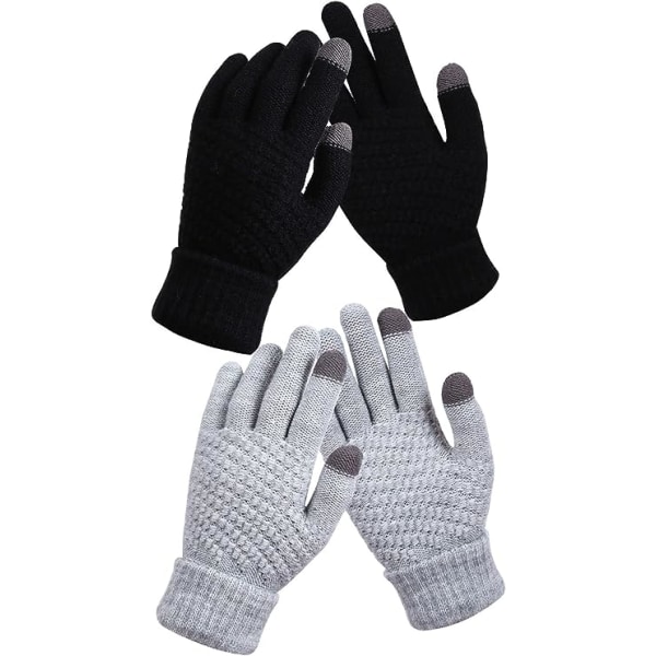 2 par Vinterhandskar med pekskärm för kvinnor, varma fleecefodrade stickade handskar Elastiska manschett vinterhandskar för textning (svart+grå)